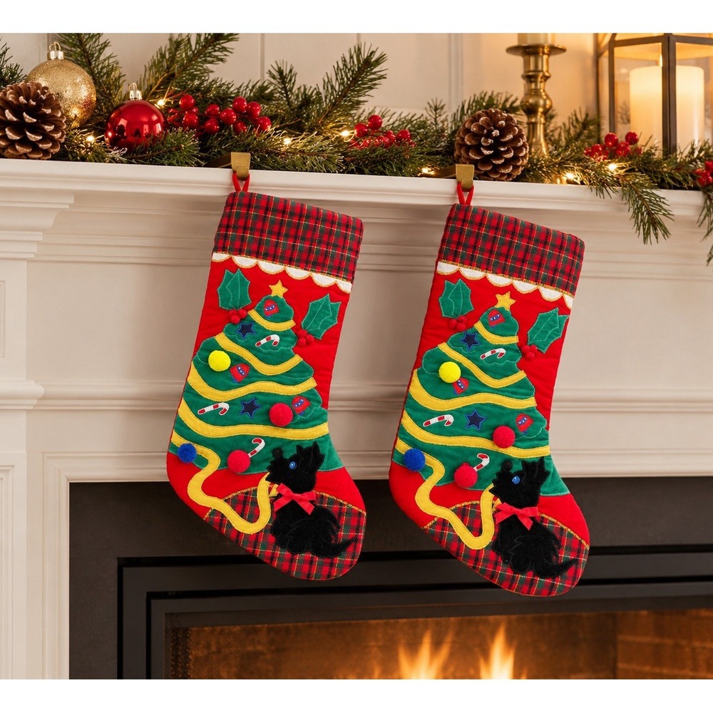 2 VTG Scottie Dog Red Velvet Black Christmas Tree Stockings Cute